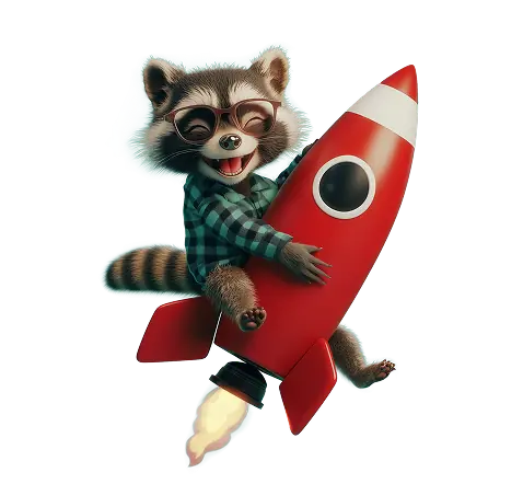URich mascot - raccoon on a rocket, symbol of eCommerce growth